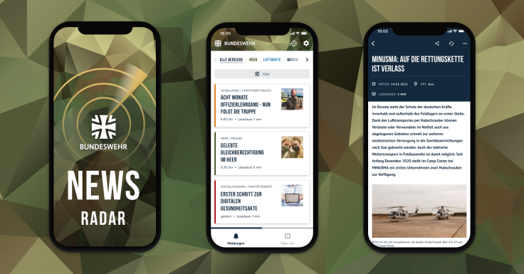 Smartphone-Screens, Bundeswehr News Radar App