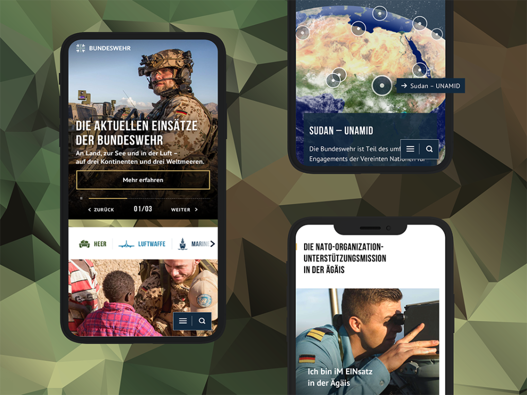 Drei Smartphone-Screens mit Bildern und Darstellungen der Einsatzorte der Bundeswehr