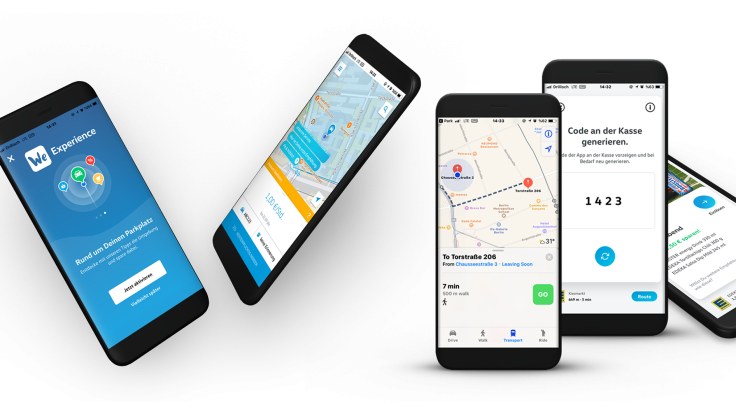 Verschiedene Smartphone Ansichten mit der geöffneten VW we App
