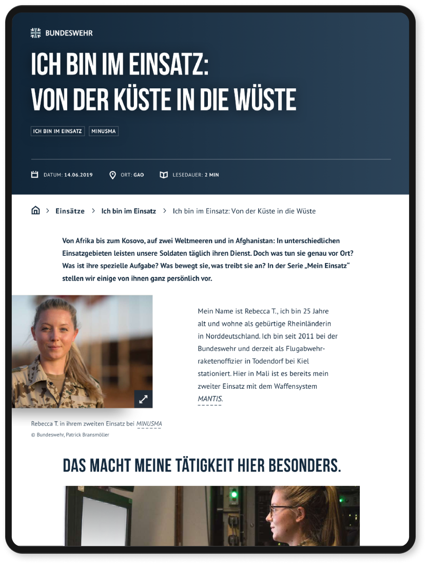 Ausschnitt der Bundeswehr Website, Soldatin beschreibt Ihre Aufgabe im Einsatz