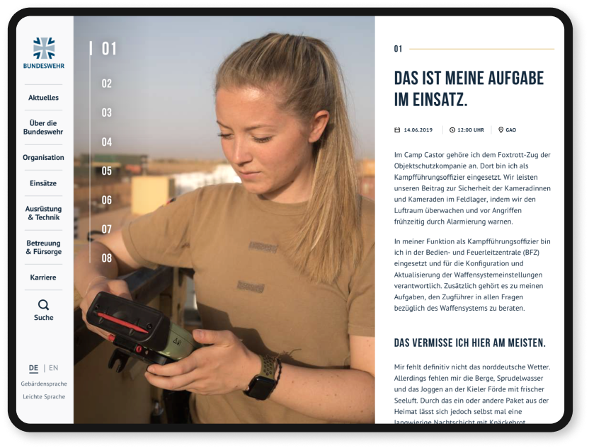 Artikel auf der Website der Bundeswehr, Soldatin erklärt Ihre Aufgabe im Einsatz