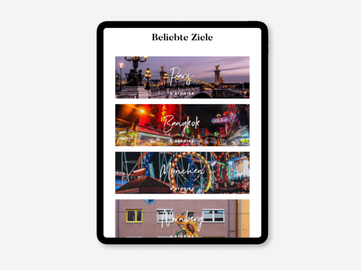 Tablet-Screen mit Übersicht beliebter Reiseziele; Paris, Bangkok, München und Nürnberg