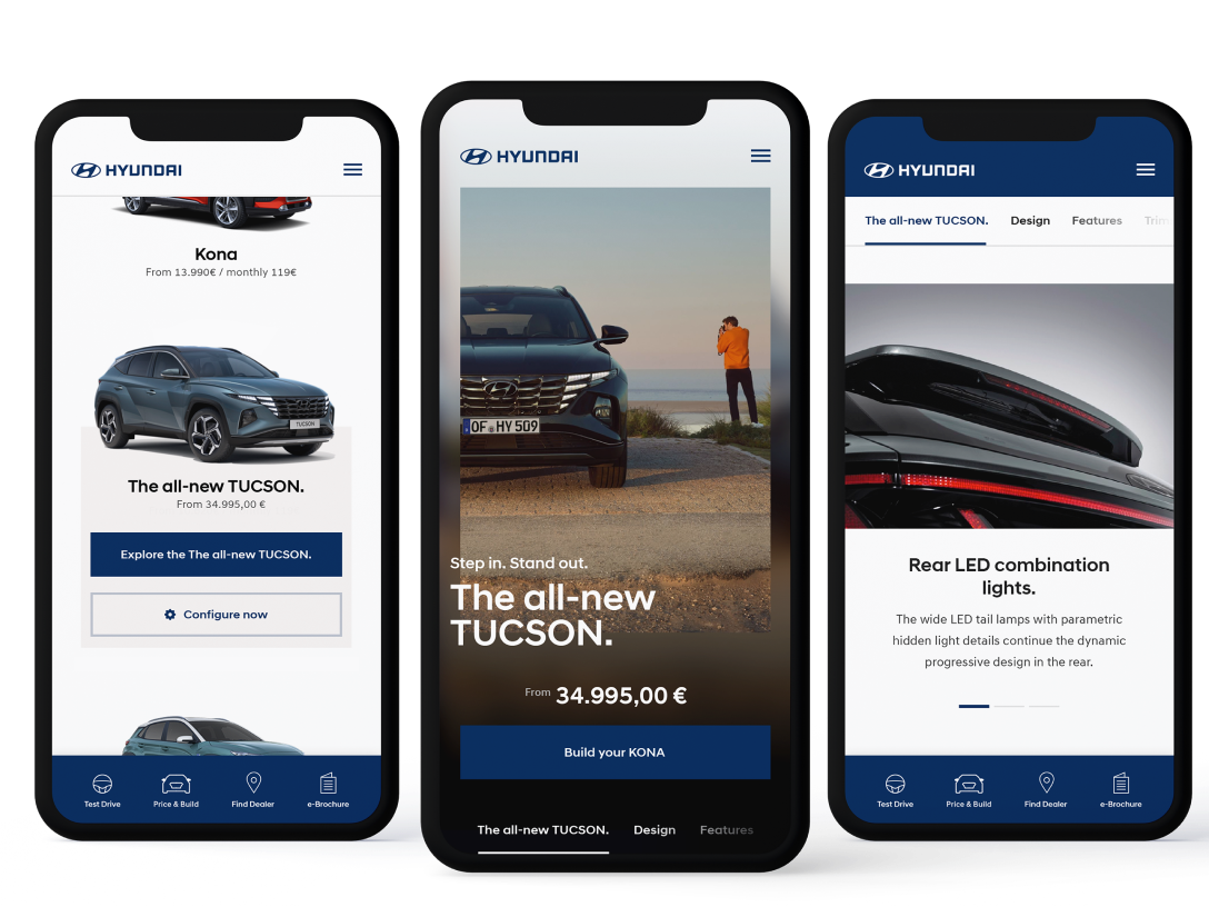 Three smartphone screens with the Hyundai website