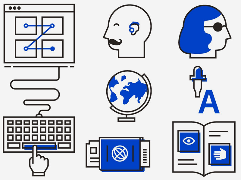 Diverse Icons: Computer, Tastatur, Globus, Köpfe