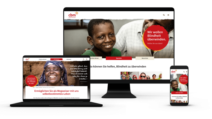 Tablet-, Desktop- und SmartphoneScreen mit Website der Christoffel-Blindenmission