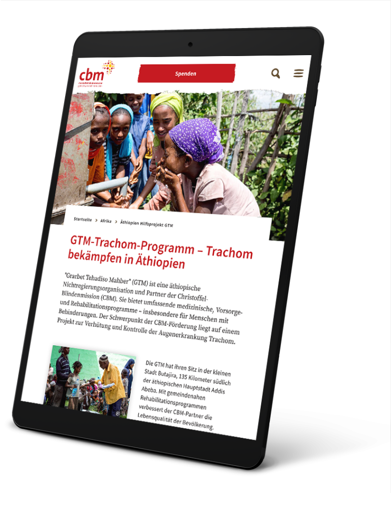 Tablet-Screen mit der Website der Christoffel-Blindenmission