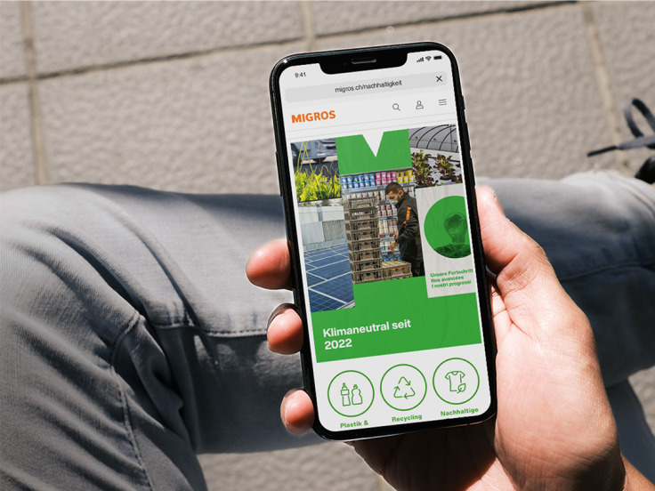 Smartphone Screen mit Teaser des Migros Nachhaltigkeitshub