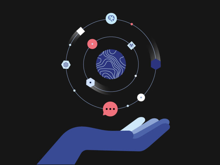 Eine illustrierte geöffnete Hand auf einem dunklen Hintergrund, die ein Bild wie ein Universum in den Händen hält.