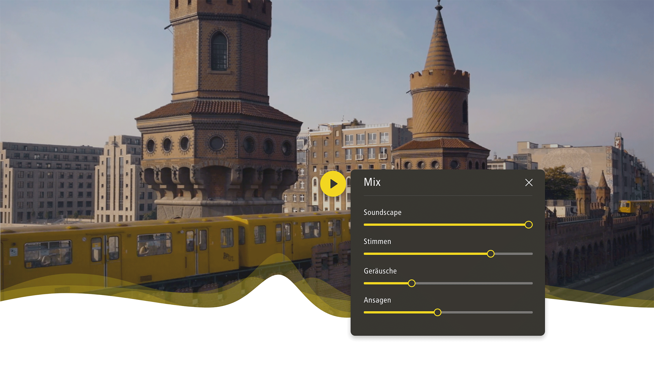 Bild einer gelben Bahn, die über eine Berliner Brücke fährt. Im Vordergrund ist das Soundmodul der App zu sehen