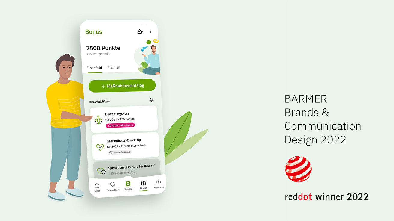 Barmer App Illustration with the Red Dot Winner Logo