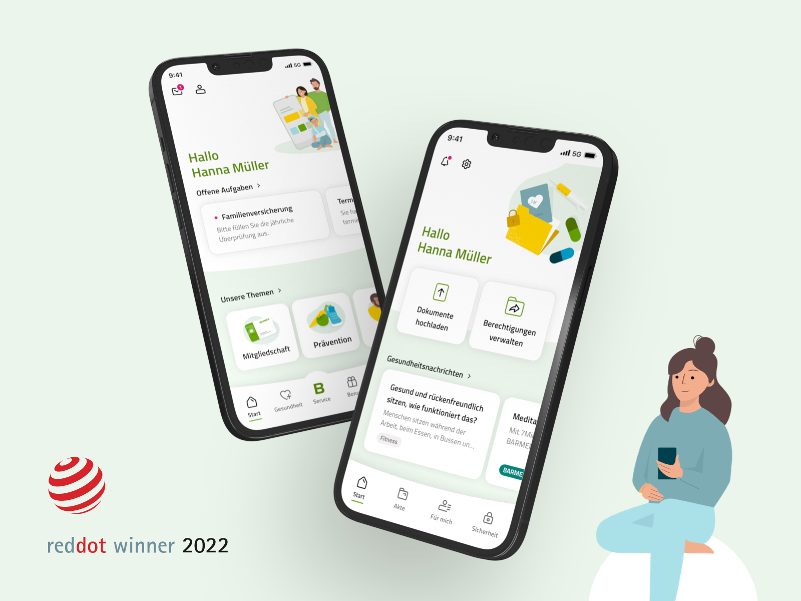 Illustration with two smartphones showing the BARMER app