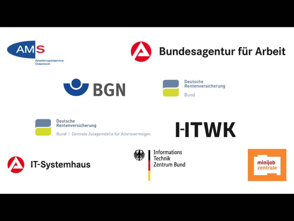 Logos of Bundesagentur für Arbeit, BGN, HTWK, Deutsche Rentenversicherung, IT-Systemhaus, Informationstechnik Zentrale Bund, Minijob Zentrale, AMS