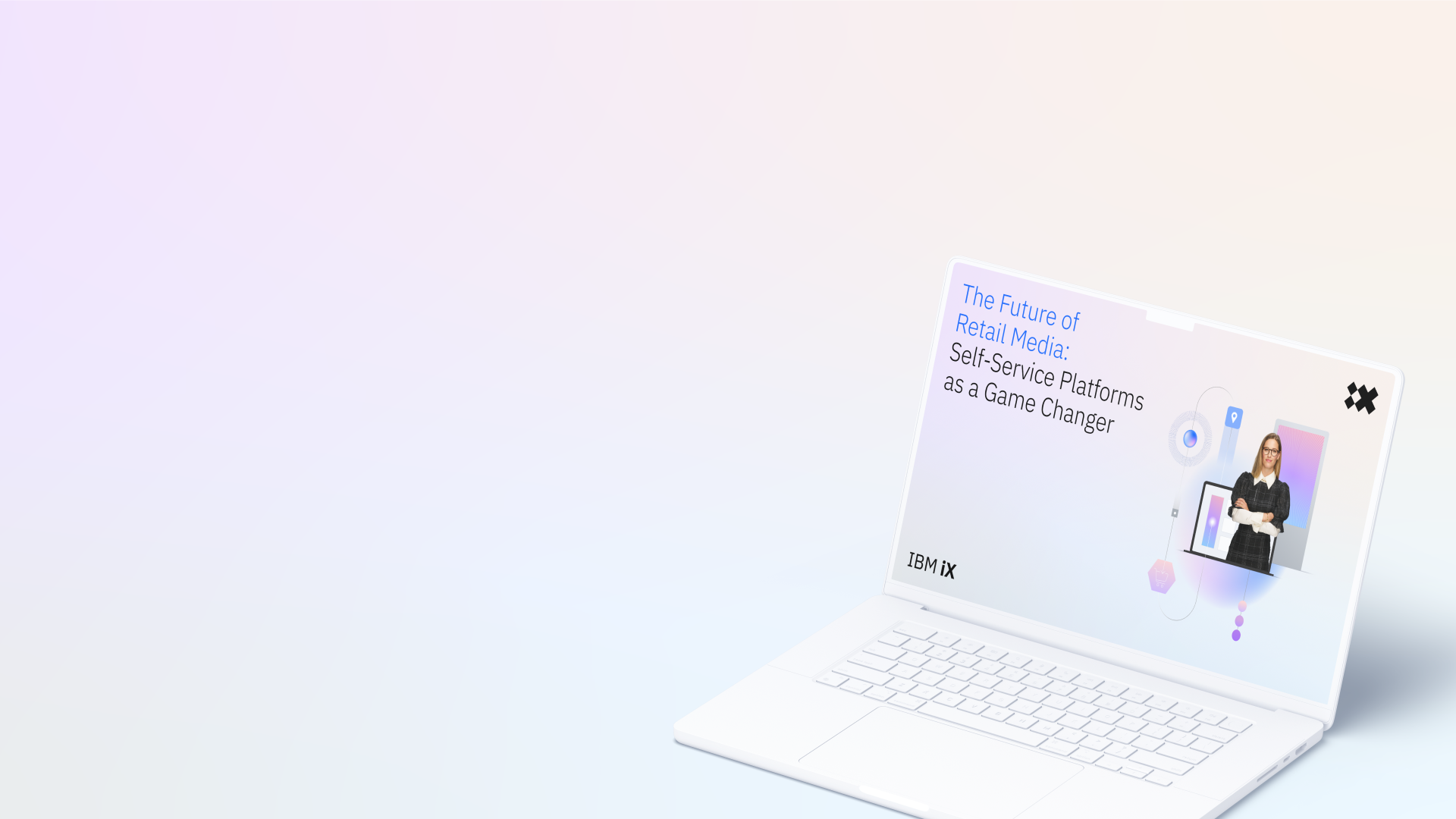 IBM iX notebook mockup displaying presentation text: 'The Future of Retail Media: Self-Service Platforms as a Game Changer'