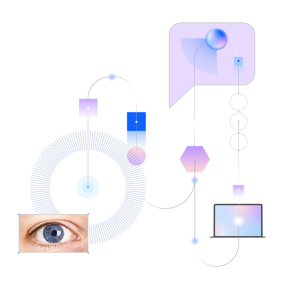 Abstrakte Illustration eines menschlichen Auges, geometrischer Formen und eines Laptops, verbunden durch Linien und Kreise, die Technologie und Konnektivität symbolisieren.