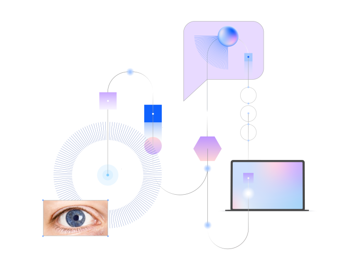 Abstrakte Illustration eines menschlichen Auges, geometrischer Formen und eines Laptops, verbunden durch Linien und Kreise, die Technologie und Konnektivität symbolisieren.