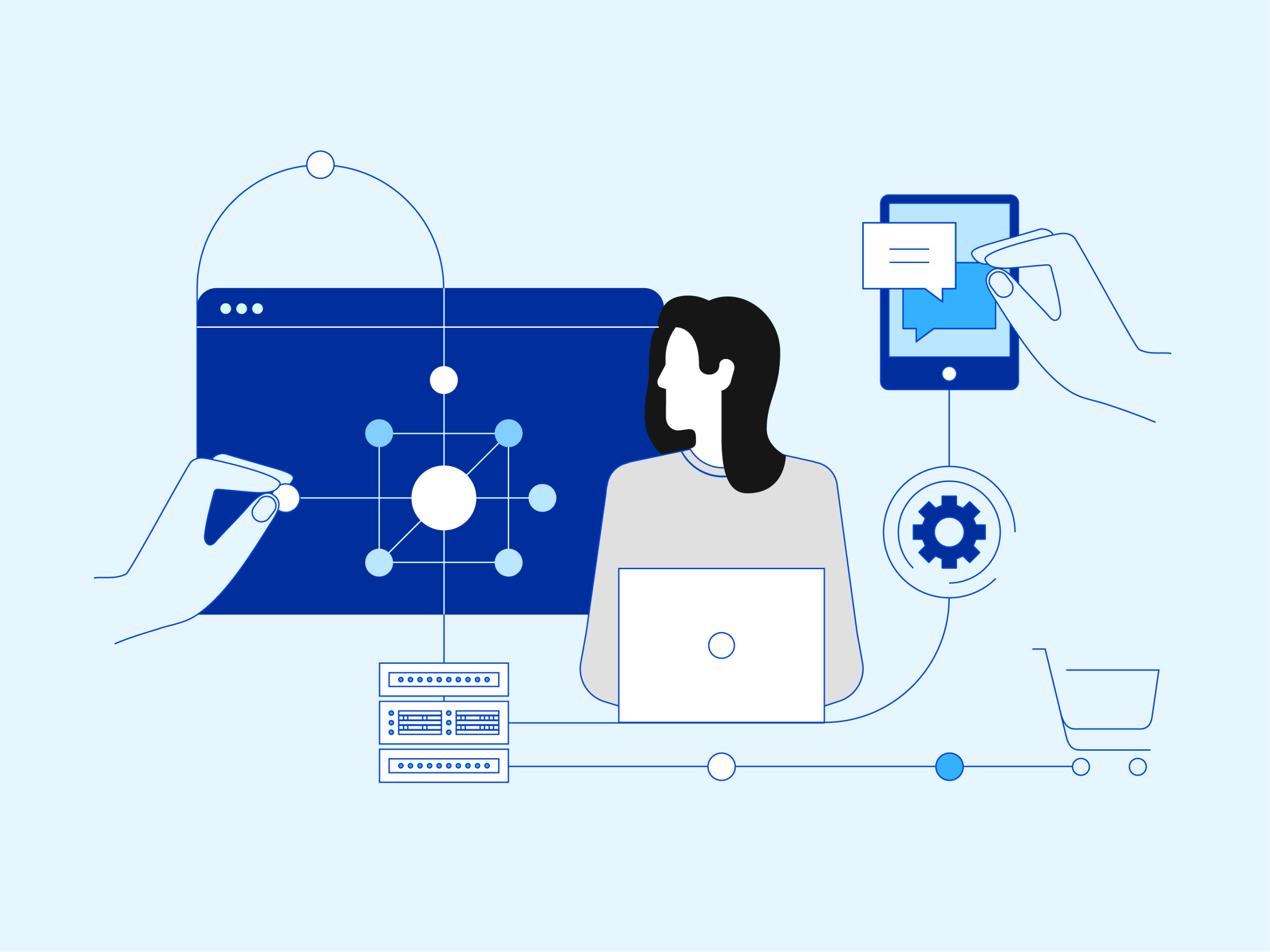 Illustration, with blue screen, hand pulling threads, woman sitting in front of laptop and other hand pushing around on a tablet in chat. All elements are connected and show the B2B structure in e-commerce