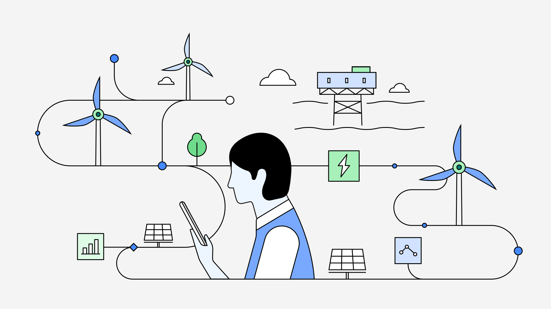 Grafik mit einem Mensch vor einem Energie-Grid zum Thema Customer Experience im Energiesektor