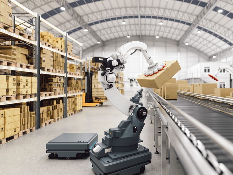 Automatisierte Roboter Carrier und Roboterarme in einem Smart Distribution Warehouse