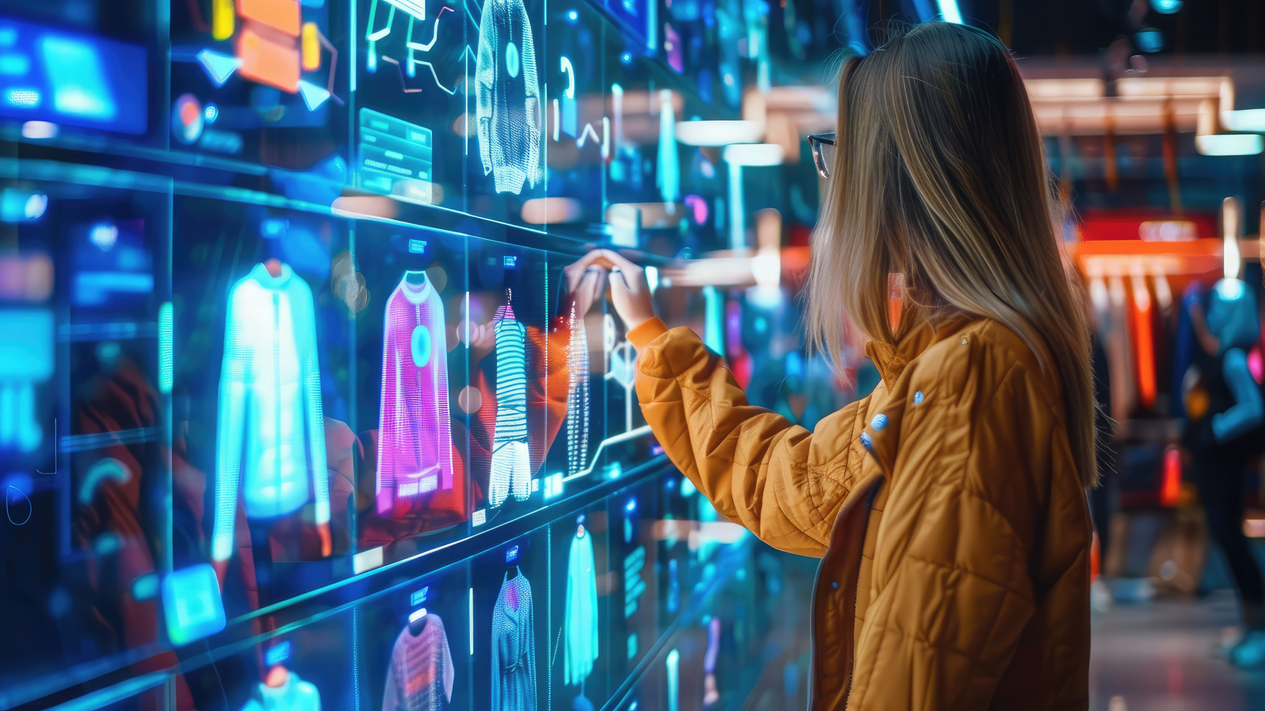 A person in a yellow jacket interacts with a digital display showcasing virtual clothing items in a brightly lit, futuristic setting.