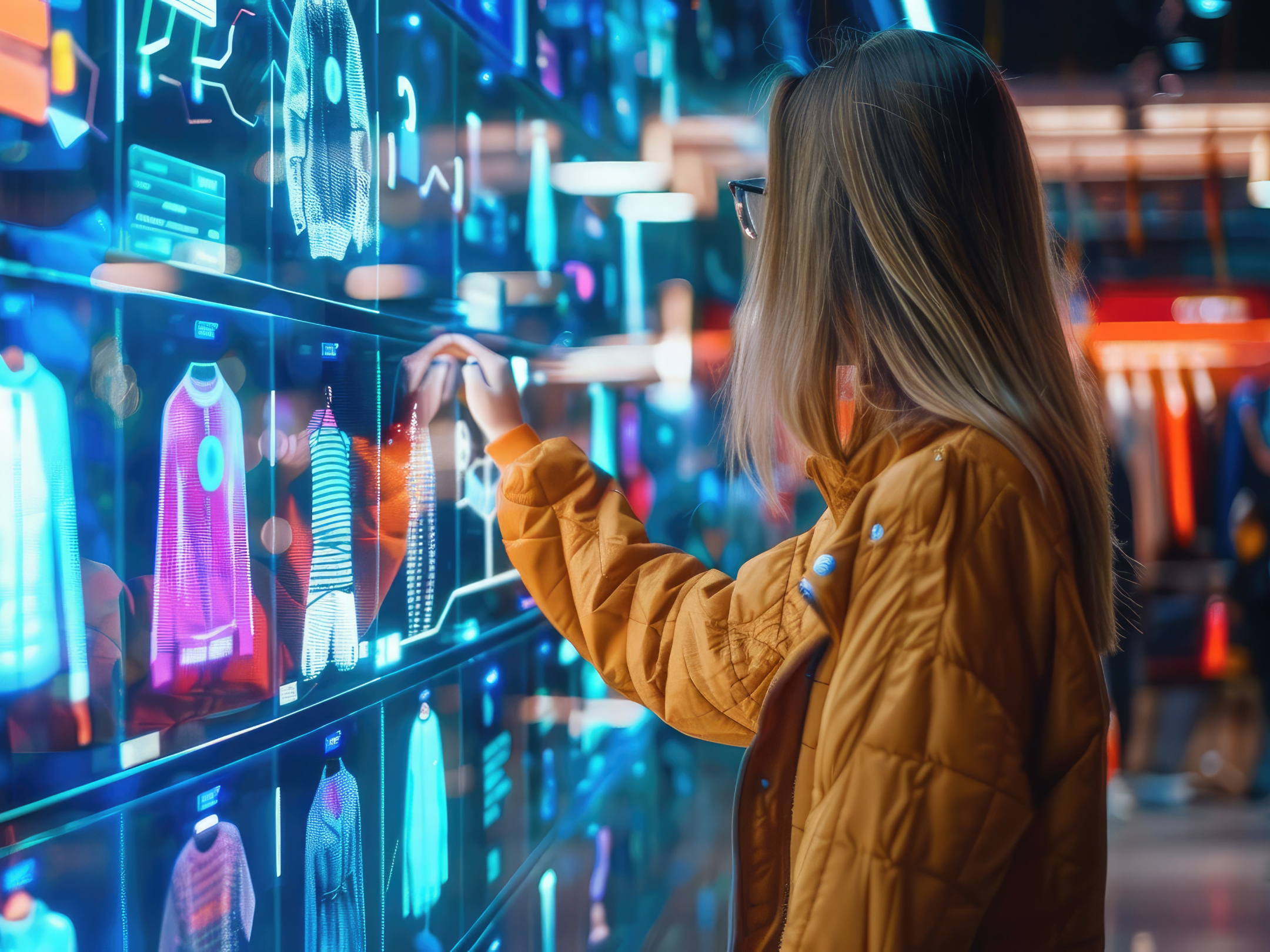 A person in a yellow jacket interacts with a digital display showcasing virtual clothing items in a brightly lit, futuristic setting.