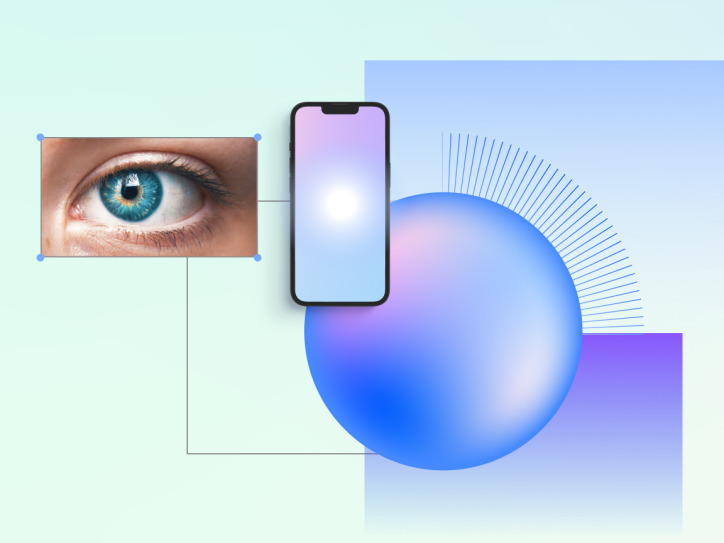 Abstract gradient background with a few lines and circular elements, featuring a cropped image of a human eye and an iPhone mockup