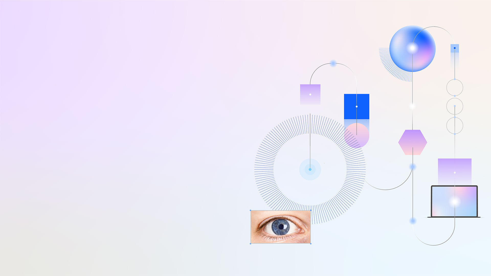 Abstrakter Hintergrund mit kreisförmigen und linearen Elementen, ergänzt durch ein zugeschnittenes Bild eines menschlichen Auges und ein Laptop-Mockup