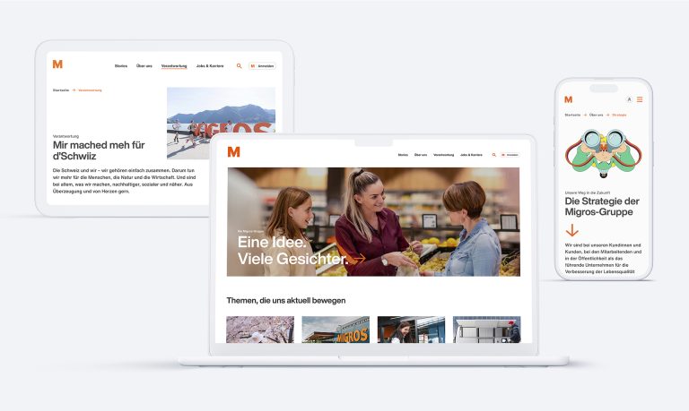 Laptop, Tablet und Smartphone mit verschiedenen Seiten der Migros-Website Mockup.