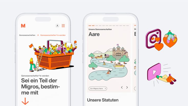 Zwei Smartphones mit Migros-website, Illustrationen eines Einkaufskorbs und einer Flusslandschaft, deutscher Text und Social-Media-Icons.