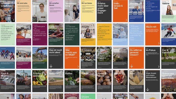 Bunte Collage deutschsprachiger Karten zu Migros-Themen wie Gesundheit, Nachhaltigkeit, Ernährung und gesellschaftliches Engagement.