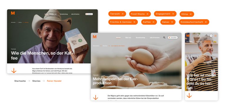 Website-Layout mit Fairtrade-Artikeln über Kaffee- und Eierproduktion, Bildern von Kaffeebohnen und Eiern sowie Tags wie Klima, Food Waste und Teamarbeit.