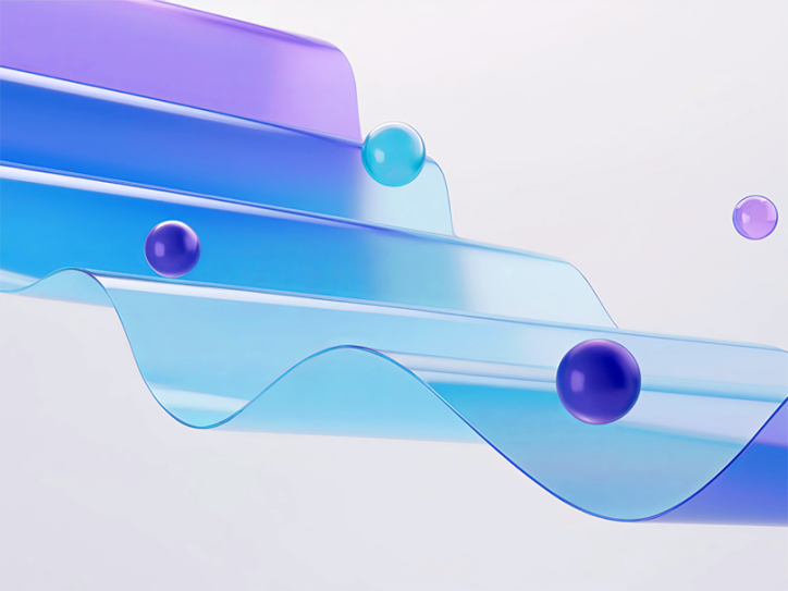 Abstract image with blue and purple ribbons and translucent spheres.