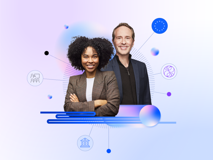 Two cheerful businesspeople stand side by side; symbols of teamwork and abstract elements can be seen in the background.