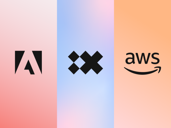 Three logos of technology companies – Adobe, IBM iX, and Amazon Web Services (AWS) – are displayed from left to right on a vibrant gradient background transitioning from pink to blue to orange.