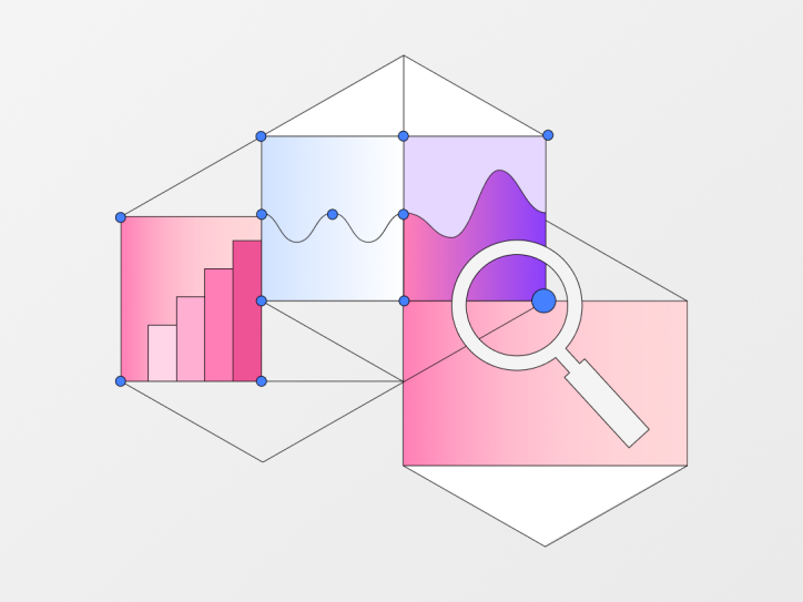 Abstract illustration featuring a magnifying glass, a rising bar chart, and a dynamic line chart in shades of pink and purple.