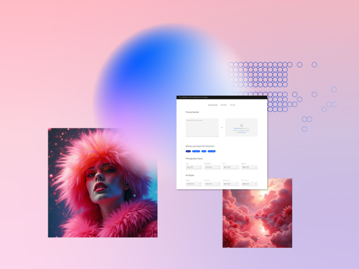 Abstract digital collage featuring a person in pink fur, a screenshot of an online form, and a dreamy pink cloudscape on a pink-blue gradient background.