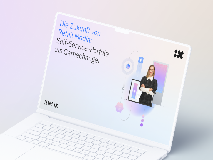 IBM iX Notebook-Mockup mit Präsentationstext: ‚Die Zukunft von Retail Media: Self-Service Portale als Gamechanger'