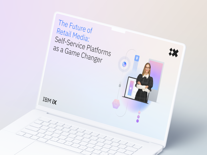 IBM iX notebook mockup displaying presentation text: 'The Future of Retail Media: Self-Service Platforms as a Game Changer'