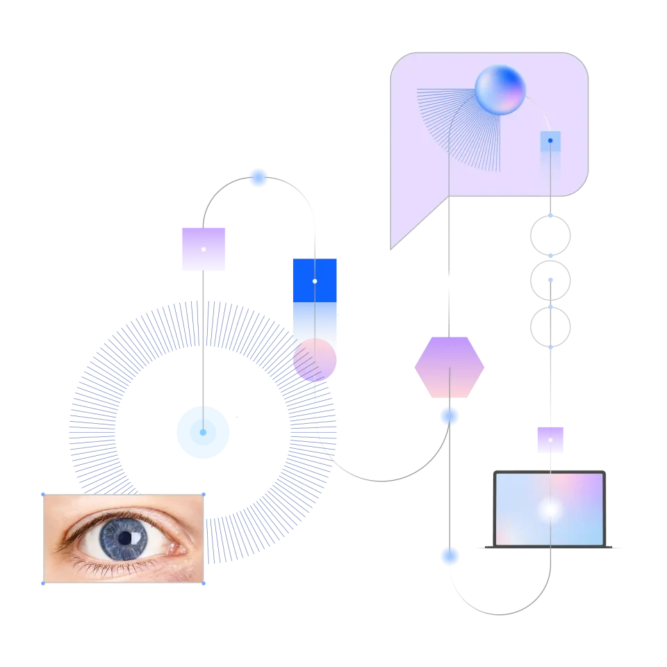 Abstract illustration of a human eye, geometric shapes, and a laptop, connected by lines and circles symbolizing technology and connectivity.