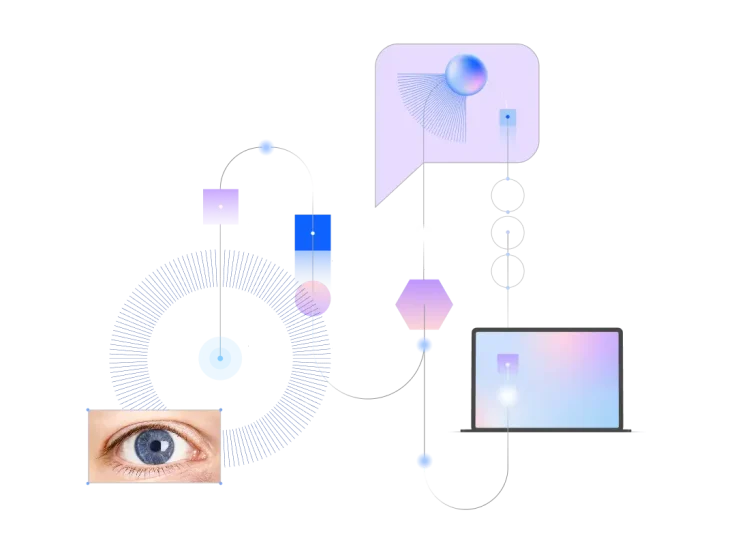 Abstract illustration of a human eye, geometric shapes, and a laptop, connected by lines and circles symbolizing technology and connectivity.