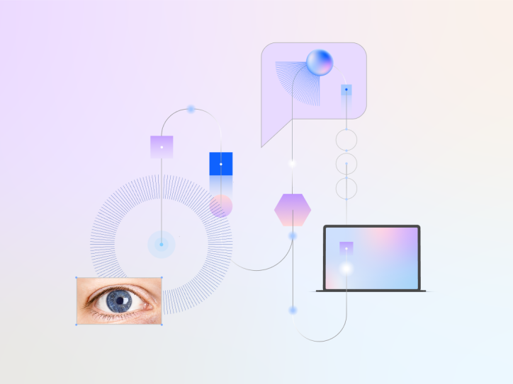 Abstrakte Illustration eines menschlichen Auges, geometrischer Formen und eines Laptops, verbunden durch Linien und Kreise, die Technologie und Konnektivität symbolisieren.