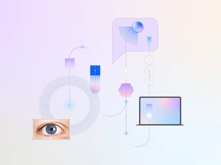 Abstract illustration of a human eye, geometric shapes, and a laptop, connected by lines and circles symbolizing technology and connectivity.