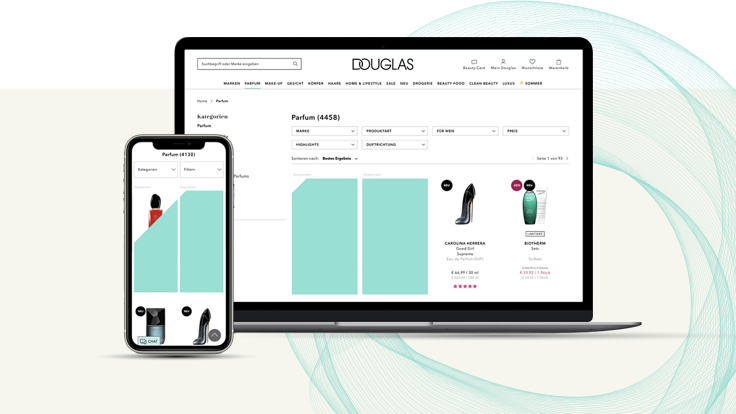 Douglas Retail Media Self-Service-Plattform auf Smartphone- und Laptop-Bildschirmen mit digitalen Werbeflächen im Online-Parfumshop.