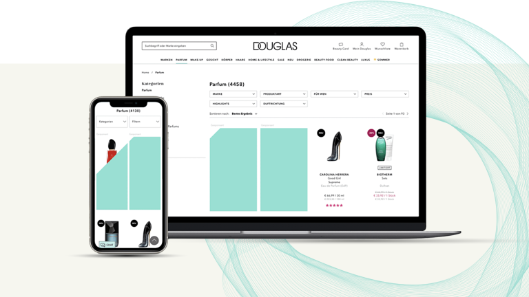 Douglas Retail Media Self-Service-Plattform auf Smartphone- und Laptop-Bildschirmen mit digitalen Werbeflächen im Online-Parfumshop.
