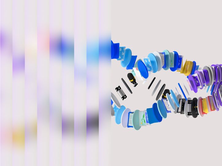 Visualisierung des AI Search Shift: Bunte digitale Elemente formen eine dynamische Spirale – Symbol für den Wandel durch KI in der Suche.