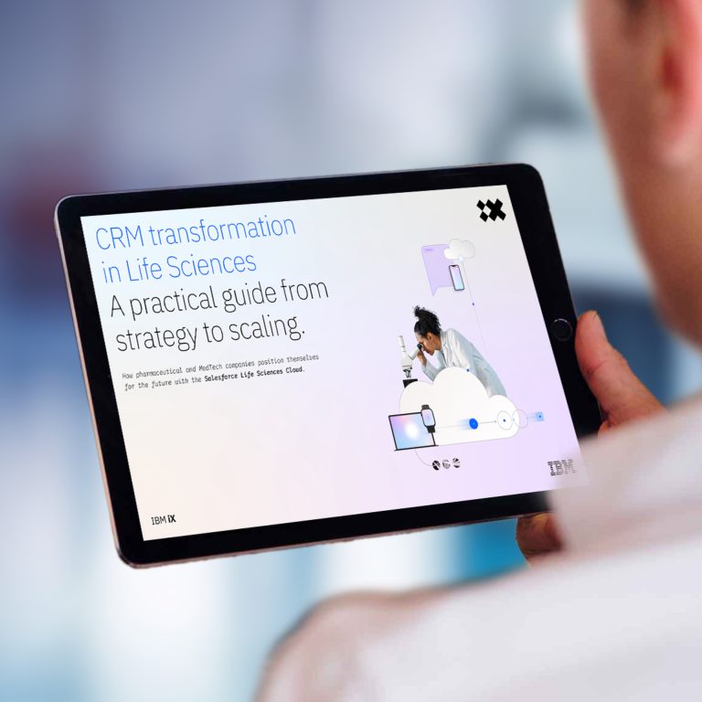 A person is holding a tablet showing a digital guide titled ‘CRM transformation in Life Sciences – A practical guide from strategy to scaling.’ The screen also displays an illustration of a scientist using a microscope, along with cloud and device icons.