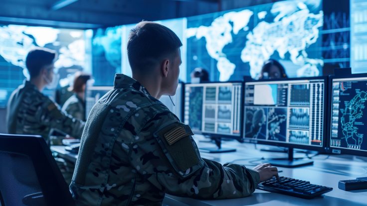 Ein Mann in einer Militäruniform sitzt an einem Schreibtisch mit mehreren Monitoren, die Karten und Daten anzeigen.
