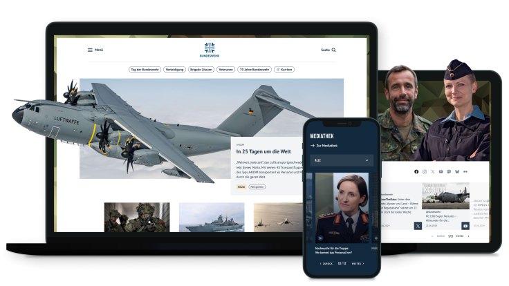 Mockup der responsiven Bundeswehr-Website auf Laptop, Tablet und Smartphone mit großem Luftwaffe-Transportflugzeug (A400M) auf der Startseite sowie integrierter Mediathek und Portraits von Soldaten.