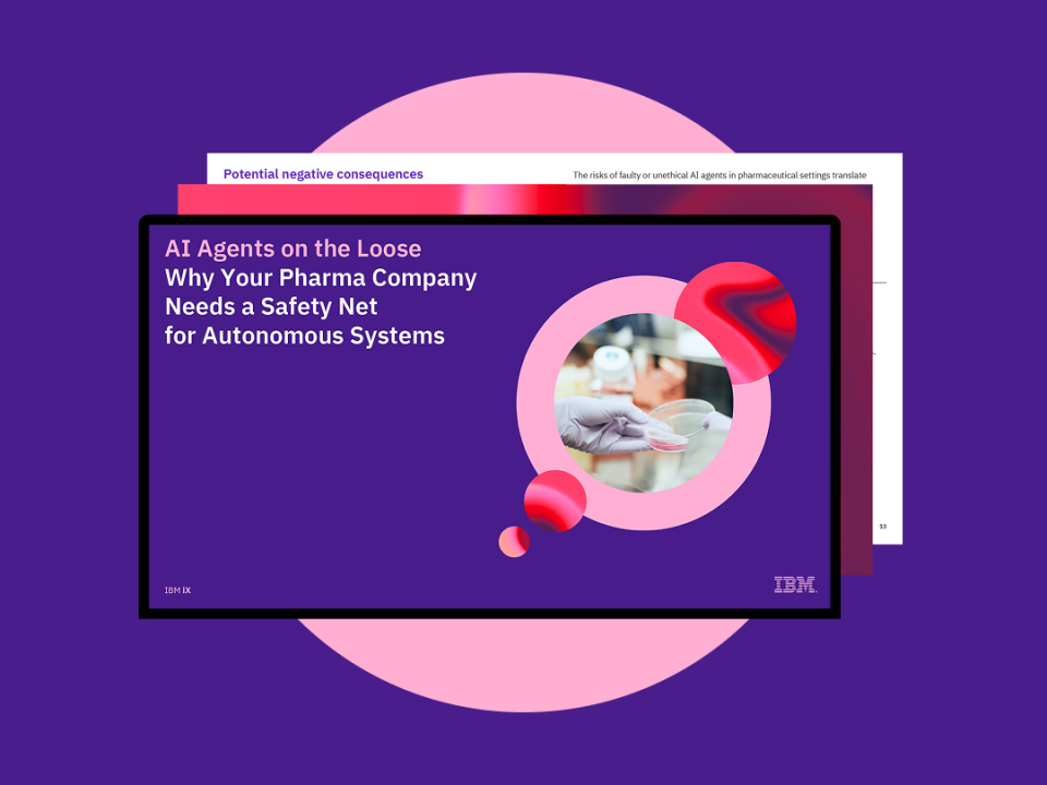 Slide titled “AI Agents on the Loose: Why Your Pharma Company Needs a Safety Net for Autonomous Systems” on a purple background, featuring a circular lab image of a gloved hand holding a petri dish, abstract red and pink shapes and an IBM iX logo in the corner.