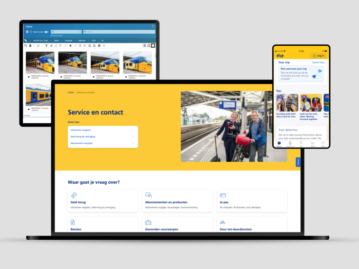 Omni-Channel-Plattform der Niederländischen Eisenbahn mit Website, Mobile App und Content-Library zeigt nahtlose digitale Customer Experience und Headless-Architektur.