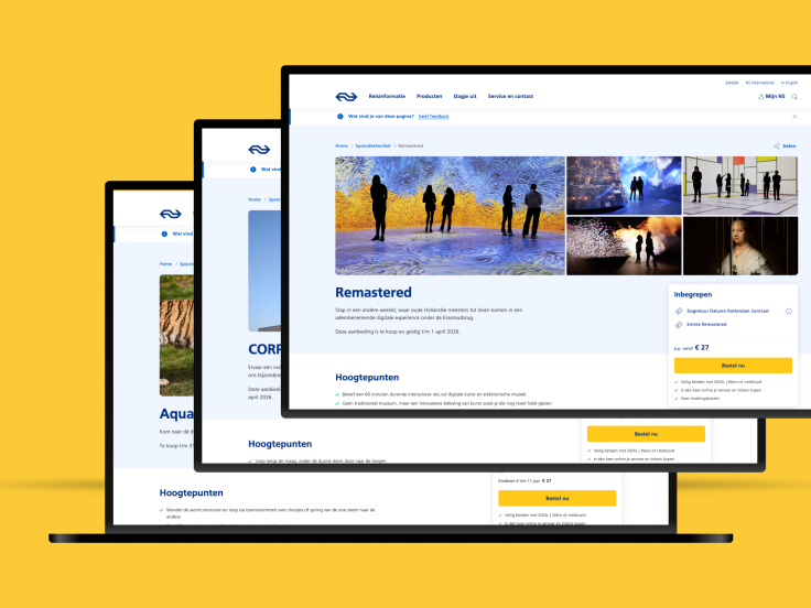 Digitale Buchungsplattform der Niederländischen Eisenbahn auf Desktop und Mobile zeigt nahtlose Omni-Channel Customer Experience mit Headless-Architektur und integriertem Ticketkauf.